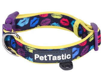 Best Adjustable Padded Dog Collar Durable Soft Heavy Duty Colorful Lip Print Design Outdoor & Indoor use for girls, boys, puppies, adults