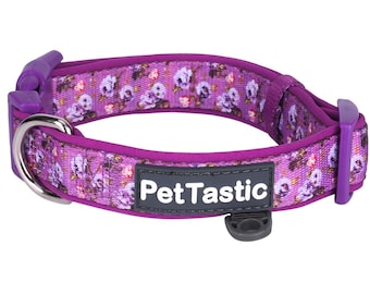Best Adjustable Padded Dog Collar Durable Soft Heavy Duty Classic Purple Vintage Roses Outdoor & Indoor use for girls, boys, puppies, adults