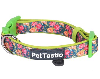 Best Adjustable Padded Dog Collar Durable Soft Heavy Duty Blue Green Watercolor Floral Outdoor & Indoor use for girls, boys, puppies, adults