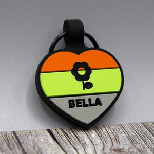 Silent Personalized Soundless Designer Pet ID Tag - Deep Engraved Silicone Double Sided & Engraving Will Last Dog ID Tag Heart Orange Green