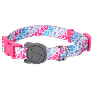 May include: A pink and blue patterned dog collar with a gray buckle and a silver D-ring.