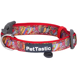 Best Adjustable Padded Dog Collar Durable Soft Heavy Duty Carmine Red Paisley Pattern Outdoor & Indoor use for girls, boys, puppies, adults