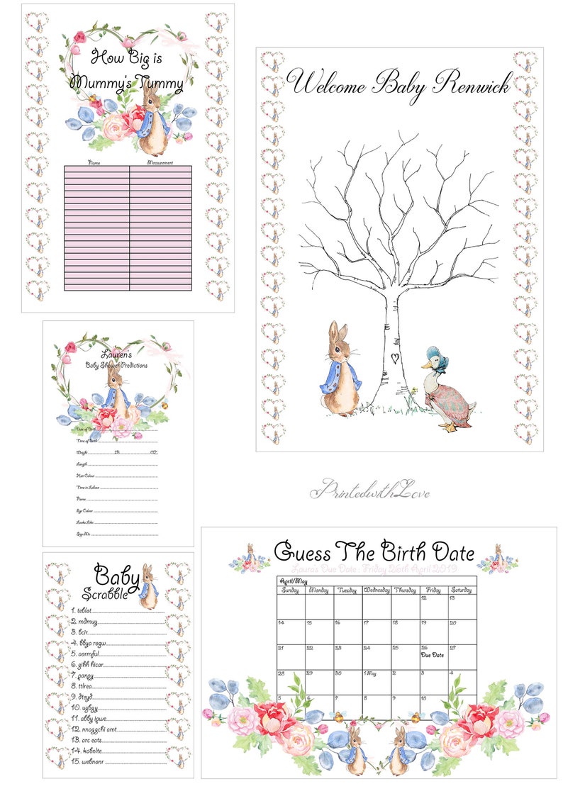 Personalised Baby Shower Games Bundle - Peter Rabbit Style 4 Games and ...