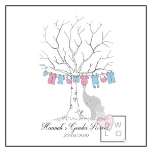 Baby shower / Género revela libro de visitas personalizado del árbol de huellas dactilares