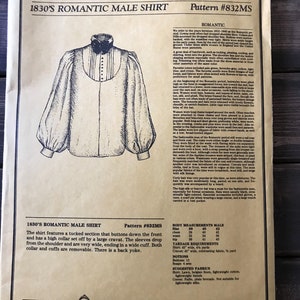 May include: A vintage sewing pattern for a men's 1830's Romantic shirt. The pattern includes instructions and measurements for a shirt with a tucked front, high collar, wide sleeves, and a back yoke. The pattern is from Old World Enterprises.