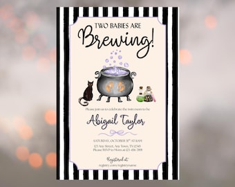 Editable Twins Baby Shower Invitation, Halloween Cauldron Theme (Digital Download)