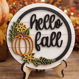 Houten bordje 'Hallo Herfst' | Decoratie voor een etagère met herfstthema | Landelijk herfstbordje | Herfstdecoratie van 10 of 15 cm | Optioneel houten standaardje | Mini 'Hallo Herfst'-bordje: 3D