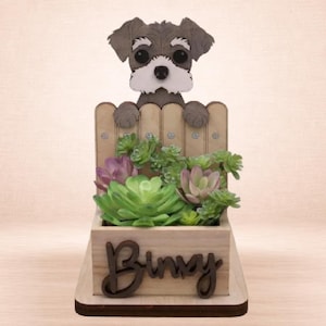 Personalized Schnauzer Planter: Wooden Dog Succulent Pot, Leash Holder