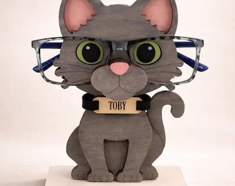 Custom Cat Eyeglass Holder: Personalized Kitten Gift, Wooden Glasses Stand
