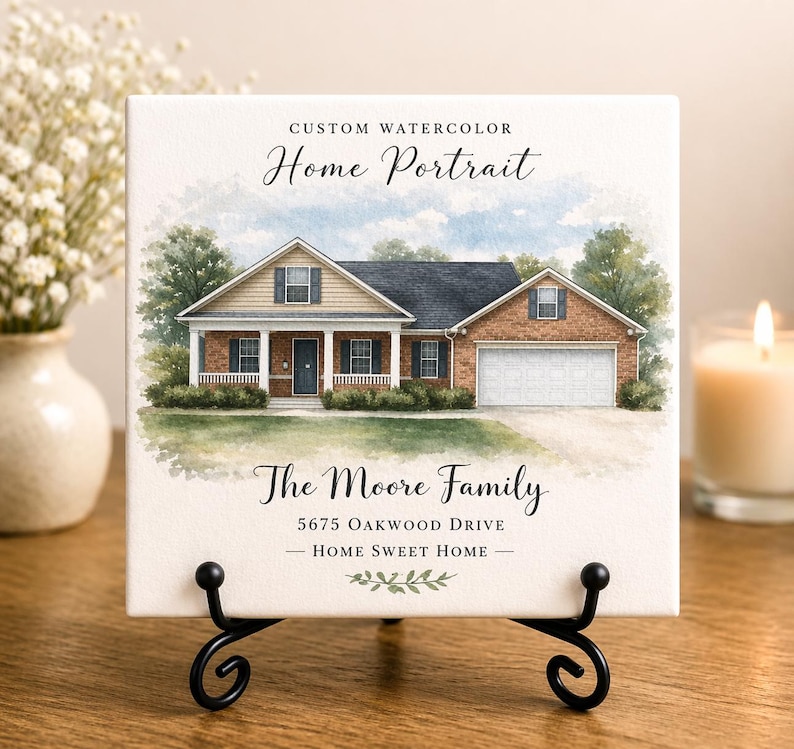 Custom Watercolor House Portrait Tile | Personalized Family Name ...