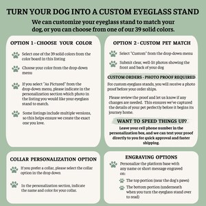 May include: A custom eyeglass stand service is advertised, allowing customers to personalize stands to match their dog or choose from 39 solid colors. Options include custom pet match, collar personalization, and engraving.
