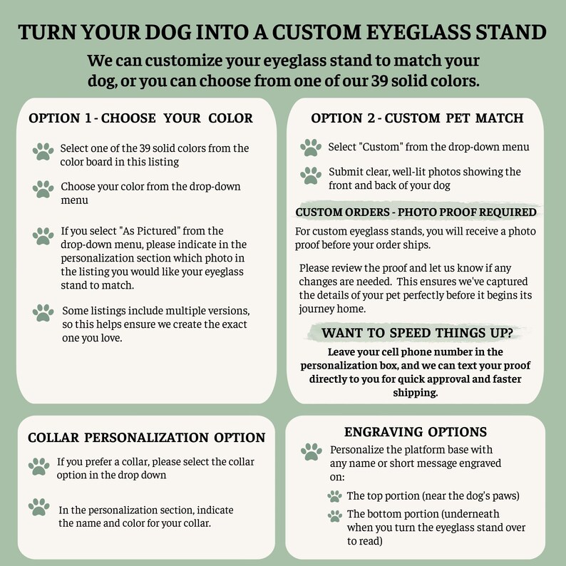 May include: A custom eyeglass stand service is advertised, allowing customers to personalize stands to match their dog or choose from 39 solid colors. Options include custom pet match, collar personalization, and engraving.