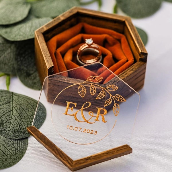 Personalized wedding ring box for ceremony, Engagement ringbox, Ring bearer box, Brown ring box for 3 rings, Custom wedding ring holder