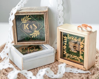 Wood Ring Box with Faux Moss Interior Engagement Ring Bearer Box Holder Rustic Ring Holder Custom Modern Wedding Rings Box