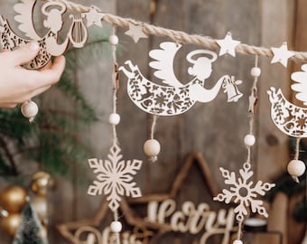 Wood christmas garland, Snowflake garland, Angel christmas garland for window, Christmas banner, Christmas ornaments, Holiday decor