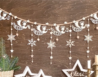Christmas garland, Wooden snowflake garland, Christmas banner, Farmhouse window holiday decor, Angel garland