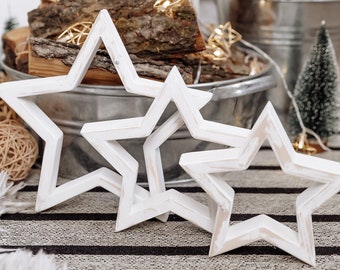 White wooden christmas stars set of 3 with name signs, Farmhouse christmas decor, Christmas star name sign, Personalized wood decoration