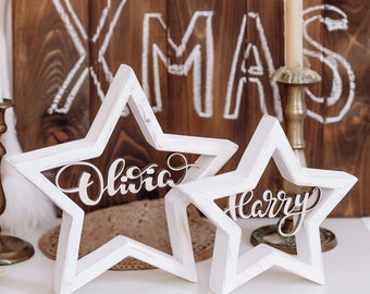 Star name signs, Farmhouse Christmas decor, White wooden custom Christmas stars with personalization set of 3, Mantelpiece decor