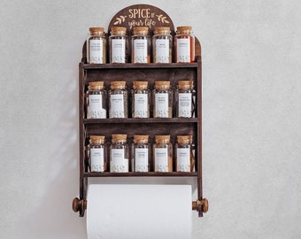 Wooden spice rack with spice jars set and spice labels, Spice rack wall mount, Kitchen shelves with paper towel holder, Gift for the home