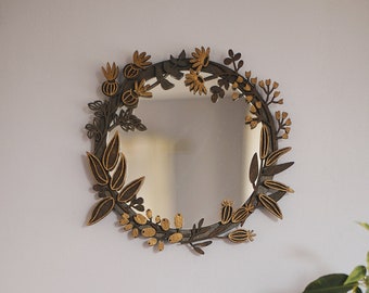 Small Wall Mirror SIZE S 11'' 27cm Boho Aesthetic Accent Mirror Compact Wood Floral Wall Art Decor Modern Style Unique Home Decor