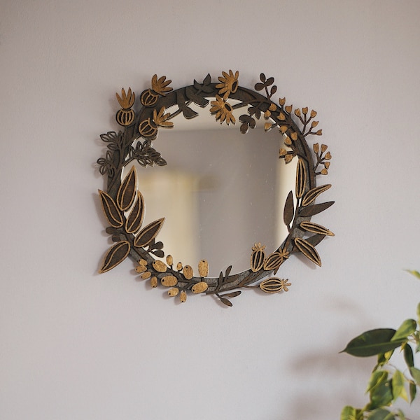 Small Wall Mirror SIZE S 11'' 27cm Boho Aesthetic Accent Mirror Compact Wood Floral Wall Art Decor Modern Style Unique Home Decor