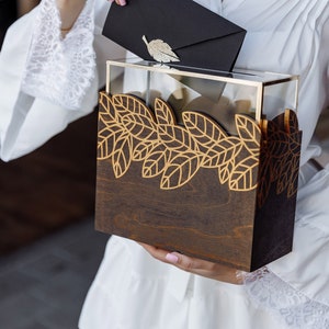 ウェディング カード ボックス 木製 スロット付き • ブライダル シャワー カード ボックス • 結婚式用アクセサリー • 金箔リース • アクリル ハネムーン ファンド ボックス