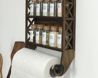 Wood spice rack wall mount, Set of spice rack and jars, Paper towel holder, Housewarming gift for family