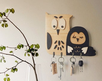 Key Holder For Wall • Wooden Owls • Housewarming gift