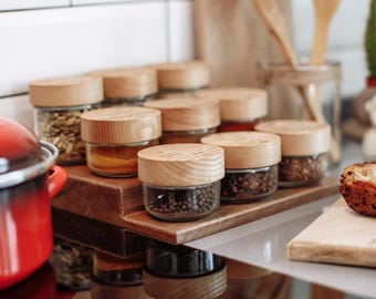Personalized Spice Jar Set with Wooden Rack • Kitchen Accessories • Christmas Gift for Cook