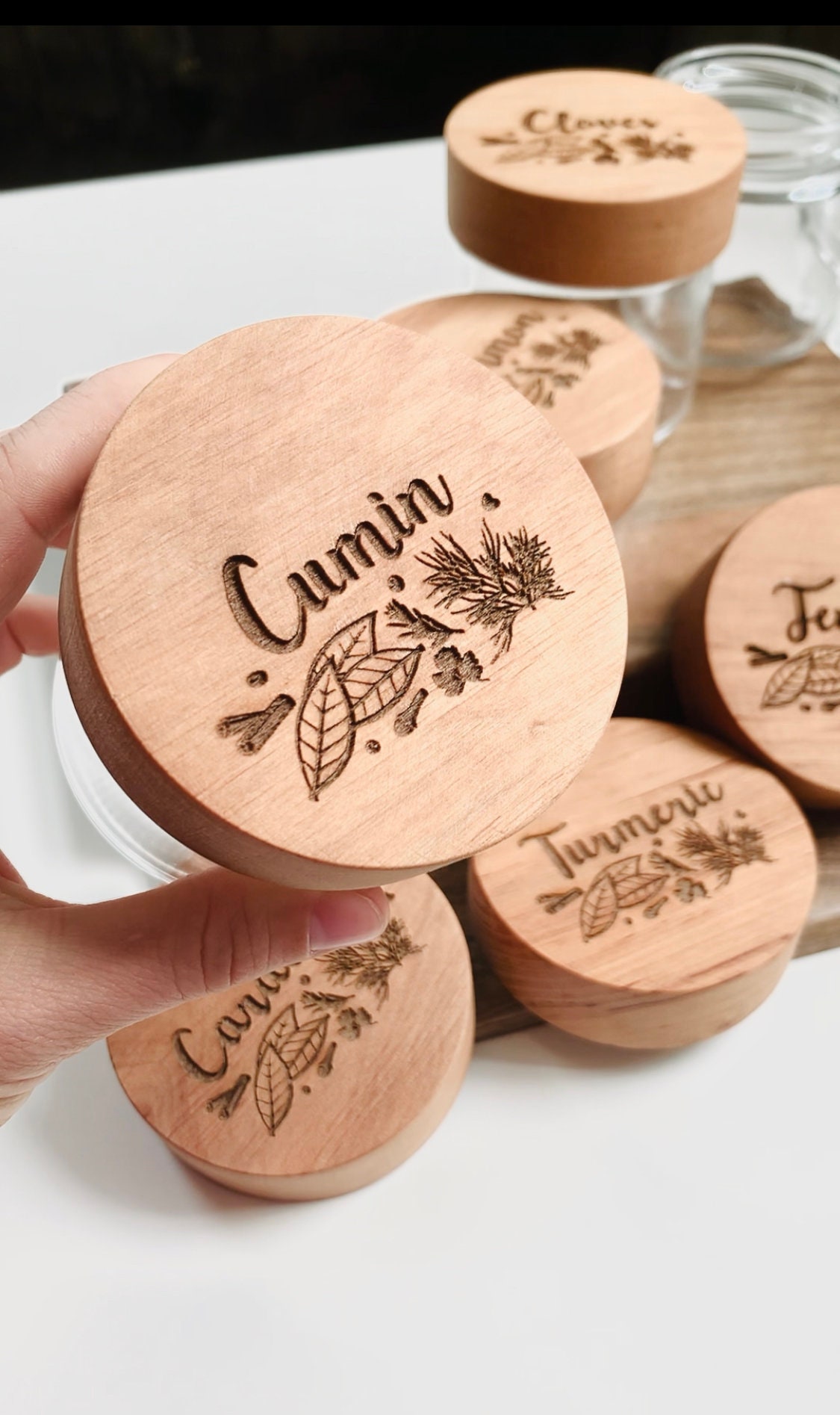 Set of 9 Glass Spice Jars With Wooden Lids Etsy