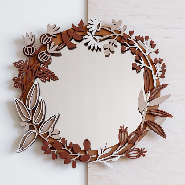 Round Mirror SIZE S 11'' 27cm Boho Mirror Irregular Shaped Small Wall Mirror Floral Wall Art Floraler Holz Spiegel Modern Style