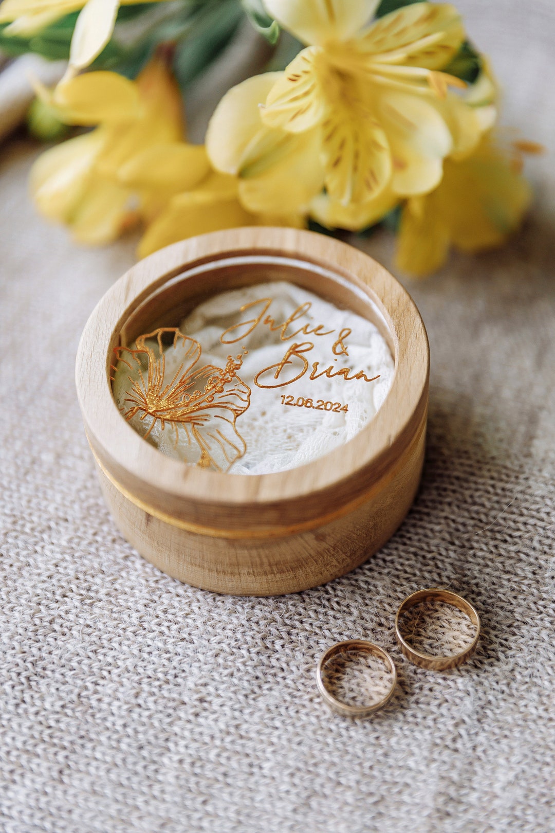 Wedding Ring Box His and Hers for Ceremony Floral, Silver or Gold