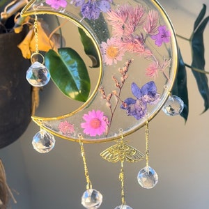 Moon sun catcher |  rainbow prism maker | pressed flowers | resin | nature inspired |wall art | nursery | kids room | gift