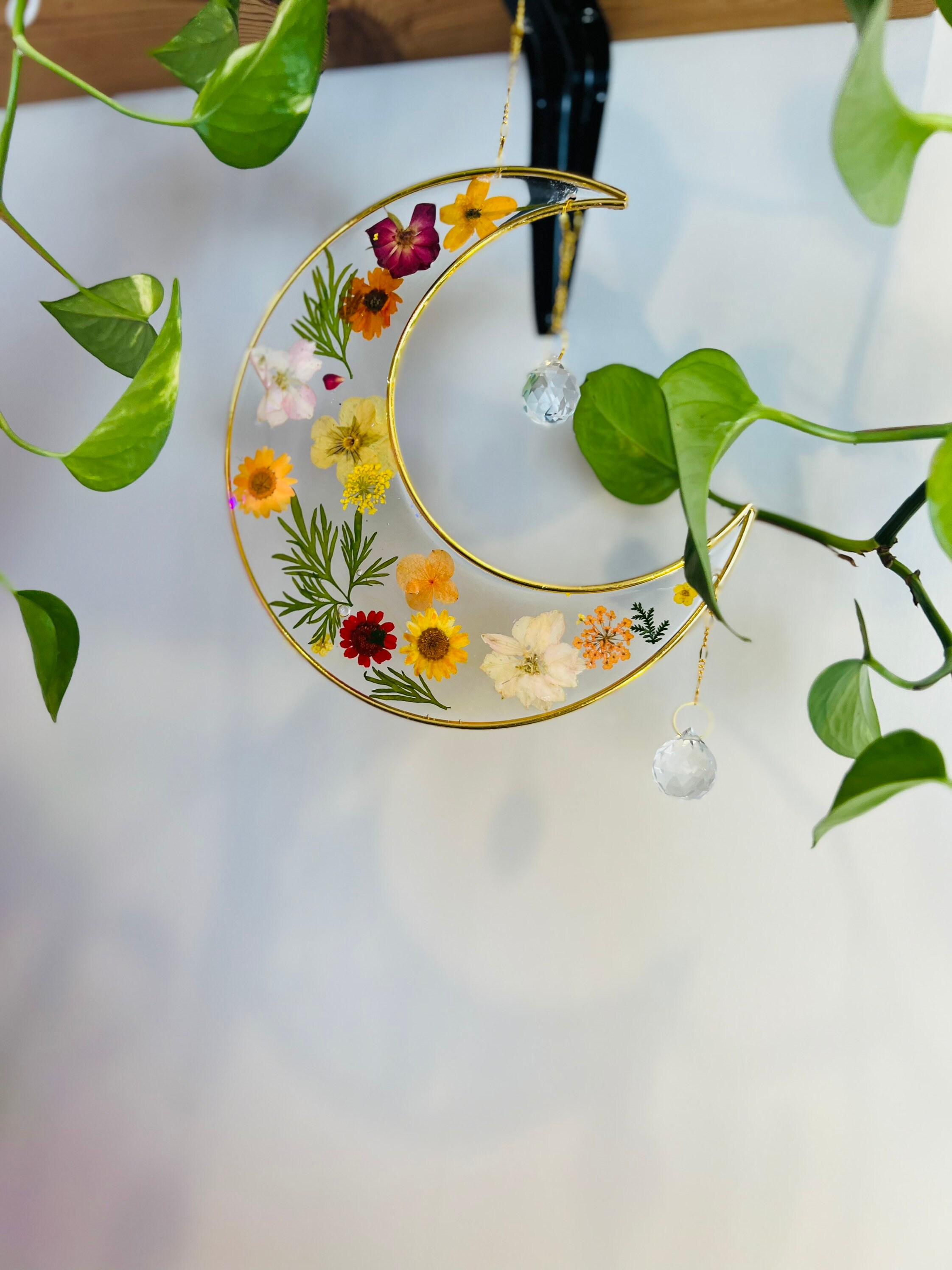 Resin moon art with real dried flowers frame moon sun catcher