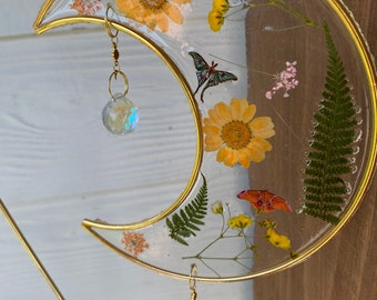 Moon Sun Catcher | rainbow prism maker | pressed flowers | resin | nature inspired |wall art | nursery | kids room | gift | dreamy