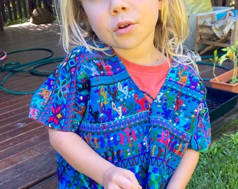 Boho Kids Handwoven Vintage Top, embroidered with Mayan animal motifs.