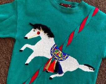 Vintage Novelty Carousel Pony Sweater // Retro Horse Equestrian Knit 70s 1970s