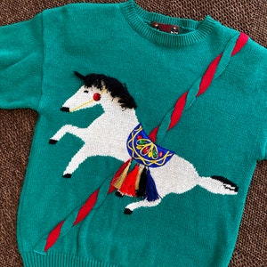 Vintage Novelty Carousel Pony Sweater // Retro Horse Equestrian Knit 70s 1970s