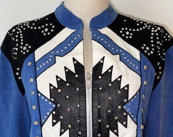 Vintage Western Ranch Wear Denim Black & White Southwestern Rhinestone Bolero Show Jacket