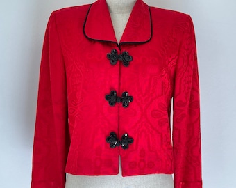 Vintage 80s Red Satin Cropped Swing Jacket Black Sequin Frog Closures