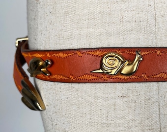 Vintage Snail & Turtle Belt // 1980s 80s Leather DOPPIA VITA Gold Brown Concho Conchos