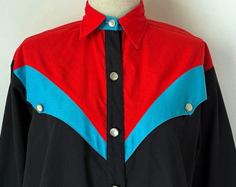 Vintage 80s Western H bar C Red Teal & Black Shirt // Retro 1980s Southwestern Cowgirl