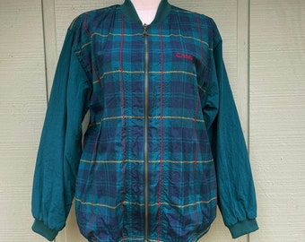 Vintage 80s Green Plaid Windbreaker Bomber Jacket 1980s