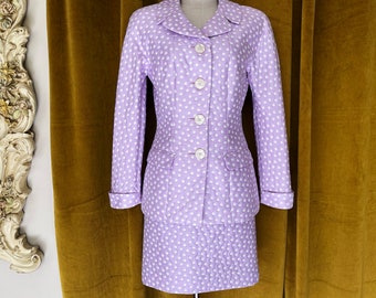 Vintage 60s Pastel purple & White Polka Dots Set // Retro 1960s Lavender Lilac Suit Skirt Jacket Dress