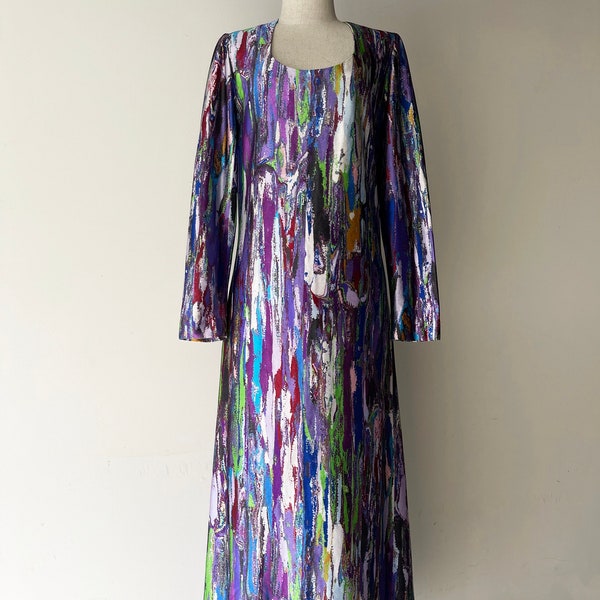 Vintage 1970s psychedelic Maxi Dress Liquid Abstract Purple Green Hippie Boho Gown Funky Unique