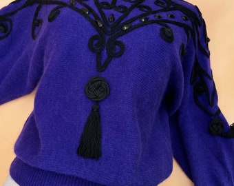 Vintage Purple Lambswool Angora Sweater with Black Tassels // Retro 80s 1980s knit