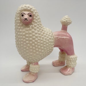 RARE Vintage Ceramic Pink & White Poodle Figurine Porcelain Dog