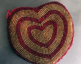 Vintage Beaded Red & Gold Heart Coinpurse