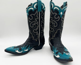 Vintage 1950s Panhandle schmale Cowboy Stiefel aus Leder in schwarz teal Retro Southwestern Cowgirl 50s Southwestern Etsy
