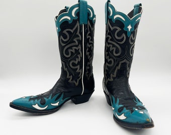 Vintage 1950s Panhandle Slim Black-Teal Leather Cowboy Boots // Retro Southwestern Cowgirl 50s Southwestern